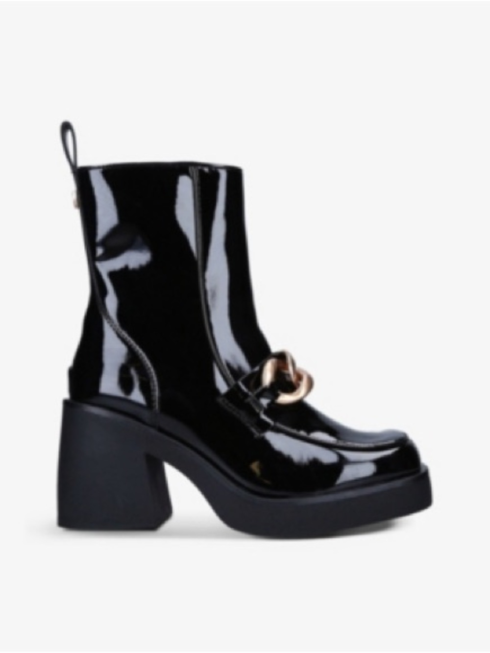 Steve Madden Black Patent Platform Ankle Boots with Gold Chain